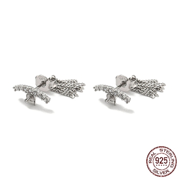 Rhodium Plated 925 Sterling Silver Micro Pave Clear Cubic Zirconia Stud Earring Findings, Tassel Front Back Earring Findings for Half Drilled Beads, with S925 Stamp, Real Platinum Plated, 5x11mm, Pin: 10.5x0.7mm and 0.7mm