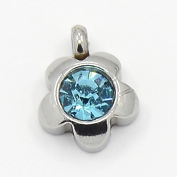 201 Stainless Steel Rhinestone Flower Charm Pendants, Grade A, Faceted, Aquamarine, 9x7x4mm, Hole: 1mm