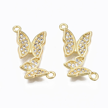 Brass Micro Pave Cubic Zirconia Links Connectors, Nickel Free, Real 16K Gold Plated, Butterfly, Clear, 12.5x23x3mm, Hole: 1.2mm