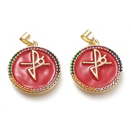 Brass Micro Pave Cubic Zirconia Pendants, with Enamel, Real 18K Gold Plated,Flat  Round with Faith Cross, Red, 23x20x2mm, Hole: 3x5.5mm(ZIRC-F116-01C-G)