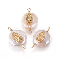 Natural Cultured Freshwater Pearl Links connectors, with Cubic Zirconia and Brass Findings, Flat Round with Virgin Mary, Golden, 19~23x10~12x6~9mm, Hole: 1.6mm(X-PEAR-I005-07)