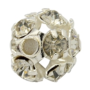 Brass Rhinestone Beads, Grade A, Round, Silver Color Plated, Clear, Size: about 6mm in diameter, hole: 1mm(X-RB-H034-4)