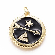 Brass Micro Pave Cubic Zirconia Pendants, with Enamel and Jump Ring, Flat Round with Arrow & Star & Triangle, Clear, Black, 23x21x2mm, Hole: 3mm(X-ZIRC-L083-009G)
