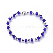 304 Stainless Steel Beaded Bracelets, with Faceted Glass Beads and Lobster Claw Clasps, Blue, 8-5/8 inch(22cm)(BJEW-K118-01P)