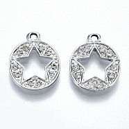 UV Plated Alloy Pendants, with Crystal Rhinestone, Flat Round with Hollow Star, Cadmium Free & Lead Free, Platinum, 19x15x3mm, Hole: 1.8mm(PALLOY-S181-019-RS)