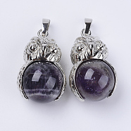 Natural Amethyst Pendants, with Platinum Tone Brass Findings, Owl with Round Ball, 31x18.5x16mm, Hole: 5x8mm(G-P350-A01)