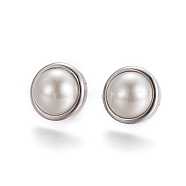 304 Stainless Steel Stud Earrings, with Acrylic Pearl Beads and Ear Nuts/Earring Back, Half Round, Gainsboro, Stainless Steel Color, 15x8mm, Pin: 0.6mm, 6pairs/card(EJEW-F234-23P)
