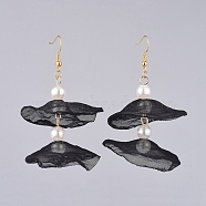 Organza Fabric Dangle Earrings, with Golden Plated Brass Findings and Plastic Imitation Pearl, Black, 60mm, Pin: 0.6mm(EJEW-JE03842-01)
