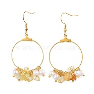 Natural Citrine Chip Beads Dangle Earrings, with Pearl Beads, Brass Findings and 304 Stainless Steel Earring Hooks, Golden, 59~60mm, Pin: 0.6mm(EJEW-JE03505-02)