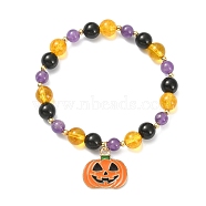 Natural Mixed Gemstone Round Beaded Stretch Bracelet with Alloy Enamel Pumpkin Charms for Halloween, Colorful, Inner Diameter: 2-1/8 inch(5.5cm)(BJEW-TA00271)