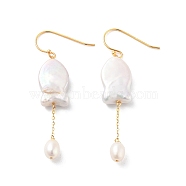 Fish Natural Pearl Dangle Earrings, Sterling Silver Earring for Women, Real 18K Gold Plated, 49x10~10.5mm(EJEW-E303-06G)