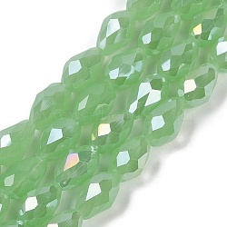 Opaque Solid Color Electroplate Glass Beads Strands, AB Color Plated, Faceted, Teardrop, Light Green, 15x10mm, Hole: 1.6mm, about 46~48pcs/strand, 27.95 inch(71cm)(EGLA-N013-J10mm-B04)