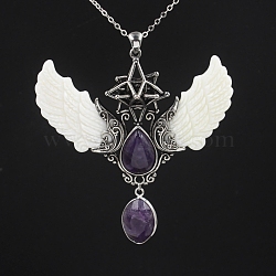 Natural Amethyst Angel Wing Big Pendants, Star Charms with Shell Wing, Antique Silver, 85x75x25mm(PW-WG35423-07)