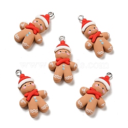 Christmas Opaque Resin Pendants, with Platinum Tone Iron Loops, Gingerbread Man Charm, Sandy Brown, 33x19x6.5mm, Hole: 2x2.7mm(X-RESI-G043-A06)