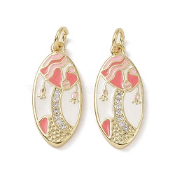 Real 18K Gold Plated Brass Micro Pave Cubic Zirconia Pendants, with Enamel and Jump Ring, Horse Eye Charms, Coral, 22x10x2mm, Hole: 3.4mm(KK-L209-066G-02)