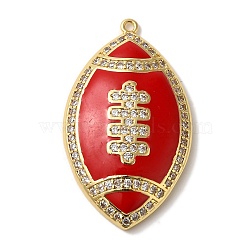 Rack Plating Brass Enamel with Cubic Zirconia Pendant, Cadmium Free & Lead Free, Long-Lasting Plated, Rugby, Red, 37x22x1.6mm, Hole: 1.2mm(KK-A229-32G-04)