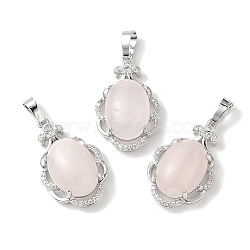 Natural Rose Quartz Oval Pendants, Platinum Tone Brass Micro Pave Clear Cubic Zirconia Flower Charms, Long-Lasting Plated, Lead Free & Cadmium Free, 30x19x10mm, Hole: 7.8x5mm(G-NH0025-15P-21)