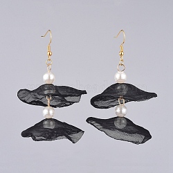 Organza Fabric Dangle Earrings, with Golden Plated Brass Findings and Plastic Imitation Pearl, Black, 60mm, Pin: 0.6mm(EJEW-JE03842-01)