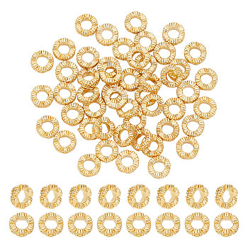 50Pcs Brass Spacer Beads, Wave Texture, Round Ring, Long-Lasting Plated, Real 18K Gold Plated, 6.5x2mm, Hole: 3mm