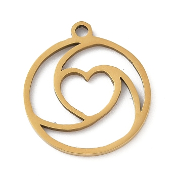 201 Stainless Steel Pendants, Flat Round with Heart Charm, Laser Cut, Ion Plating(IP), Real 18K Gold Plated, 17x15x1mm, Hole: 1.5mm