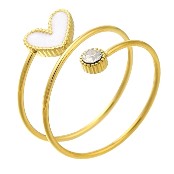 Ion Plating(IP) 304 Stainless Steel Micro Pave Cubic Zirconia Finger Rings for Women, with Enamel Heart Charm, Real 14K Gold Plated, White, Inner Diameter: 17.6mm