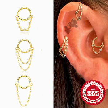 925 Sterling Silver Hoop Cartilage Earrings, with Chains, Golden, 8mm