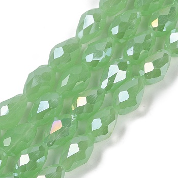 Opaque Solid Color Electroplate Glass Beads Strands, AB Color Plated, Faceted, Teardrop, Light Green, 15x10mm, Hole: 1.6mm, about 46~48pcs/strand, 27.95 inch(71cm)