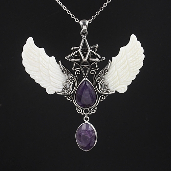 Natural Amethyst Angel Wing Big Pendants, Star Charms with Shell Wing, Antique Silver, 85x75x25mm