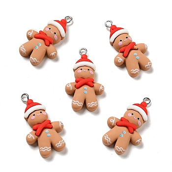 Christmas Opaque Resin Pendants, with Platinum Tone Iron Loops, Gingerbread Man Charm, Sandy Brown, 33x19x6.5mm, Hole: 2x2.7mm