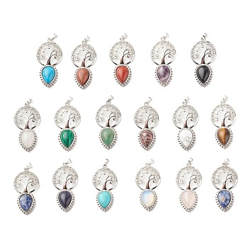 Natural & Synthetic Gemstone Big Pendants, with Platinum Tone Brass Findings, Cadmium Free & Lead Free, Tree with Teardrop, 55x28x8mm, Hole: 4.8x7.5mm