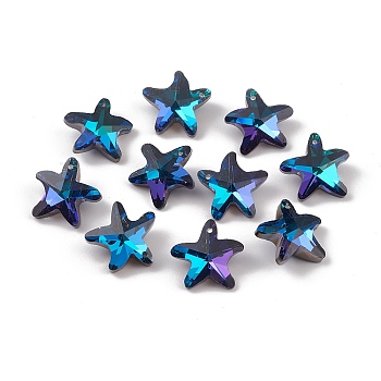 Electroplate Glass Pendants, Back Plated, Faceted, Starfish Charms, Blue, 19.5x20.5x8.5~9mm, Hole: 1.4mm
