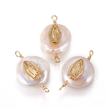 Natural Cultured Freshwater Pearl Links connectors, with Cubic Zirconia and Brass Findings, Flat Round with Virgin Mary, Golden, 19~23x10~12x6~9mm, Hole: 1.6mm