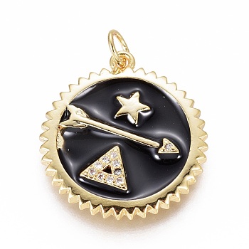 Brass Micro Pave Cubic Zirconia Pendants, with Enamel and Jump Ring, Flat Round with Arrow & Star & Triangle, Clear, Black, 23x21x2mm, Hole: 3mm
