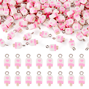 100Pcs Handmade Polymer Clay Charms, with Iron Findings, Pink, 14x6x5mm, Hole: 1.8mm