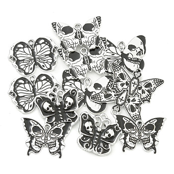 Halloween Theme Alloy Enamel Pendants, Butterfly with Skull Charm, Platinum, 19~23x23.5~30x1.5~3.5mm, Hole: 1.8~2mm, 12pcs/set