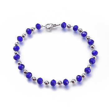 304 Stainless Steel Beaded Bracelets, with Faceted Glass Beads and Lobster Claw Clasps, Blue, 8-5/8 inch(22cm)