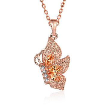Rose Gold Plated Brass Cubic Zirconia Butterfly Pendant Necklaces for Women, with Cable Chains, 18 inch