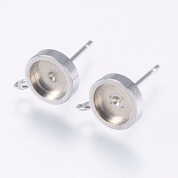 304 Stainless Steel Stud Earring Settings, with Loop, Flat Round, Stainless Steel Color, Tray: 6mm, 13x8mm, Hole: 1.5mm, Pin: 0.8mm