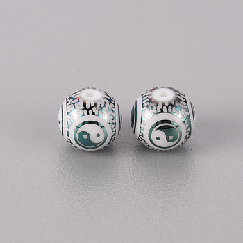 Electroplate Glass Beads, Round with Yin Yang Pattern, Green Plated, 10mm, Hole: 1.2mm