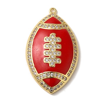 Rack Plating Brass Enamel with Cubic Zirconia Pendant, Cadmium Free & Lead Free, Long-Lasting Plated, Rugby, Red, 37x22x1.6mm, Hole: 1.2mm