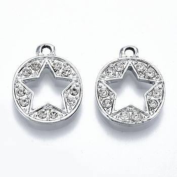 UV Plated Alloy Pendants, with Crystal Rhinestone, Flat Round with Hollow Star, Cadmium Free & Lead Free, Platinum, 19x15x3mm, Hole: 1.8mm