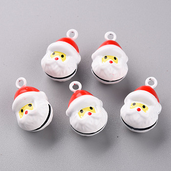 Christmas Baking Painted Brass Bell Pendants, Father Christmas, White, 26x16x16mm, Hole: 2.5mm