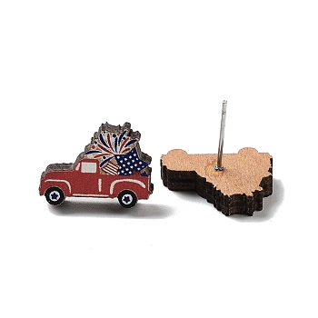 Independence Day Wood Stud Earrings, with 304 Stainless Steel Pins, Car, 12x17mm