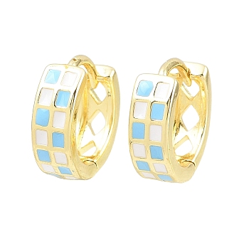 Tartan Pattern Enamel Chunky Hinged Huggie Hoop Earrings for Women, Real 18K Gold Plated Brass Jewelry, Cadmium Free & Nickel Free & Lead Free, Light Blue, 13x4mm, Pin: 1mm