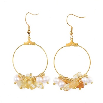 Natural Citrine Chip Beads Dangle Earrings, with Pearl Beads, Brass Findings and 304 Stainless Steel Earring Hooks, Golden, 59~60mm, Pin: 0.6mm