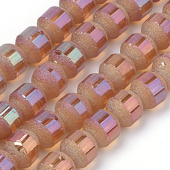 Electroplate Glass Bead Strands, Frosted, Rainbow Plated, Round, PeachPuff, 8~9mm, Hole: 1.5mm, about 72pcs/strand, 24.4 inch