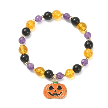 Natural Mixed Gemstone Round Beaded Stretch Bracelet with Alloy Enamel Pumpkin Charms for Halloween, Colorful, Inner Diameter: 2-1/8 inch(5.5cm)