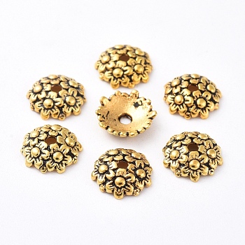 Tibetan Style Bead Caps, Lead Free & Cadmium Free & Nickel Free, Flower, Antique Golden, about 11mm in diameter, 3.5mm thick, hole: 2mm