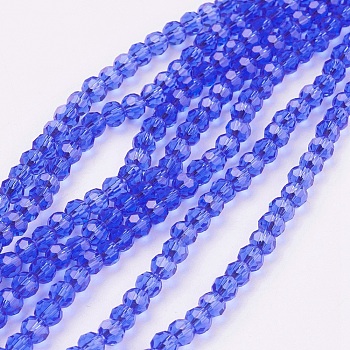 Glass Beads Strands, Faceted(32 Facets), Round, Blue, 4mm, Hole: 1mm, about 87~93pcs/strand, 32~33cm