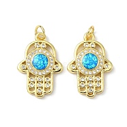 Brass Micro Pave Cubic Zirconia Pendants, with Synthetic Opal and Jump Ring, Hamsa Hand, Real 18K Gold Plated, 22x15x3mm, Hole: 3.5mm(KK-A197-14G)